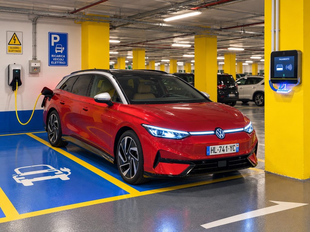 volkswagen électrique en recharge dans un parking