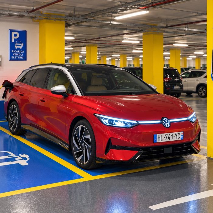 volkswagen électrique en recharge dans un parking